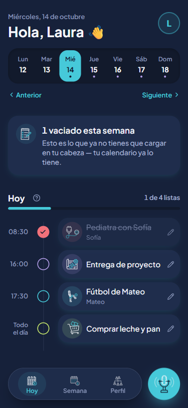 Pantalla Hoy de TalkPlan con la agenda del día y sus horas